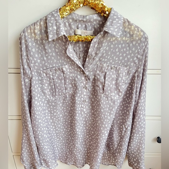 Ann Taylor LOFT Blouse Heart Print Long Sleeve Popover Top - Picture 1 of 6